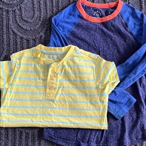 Primary Kids Yellow Striped and Blue Raglan Tees